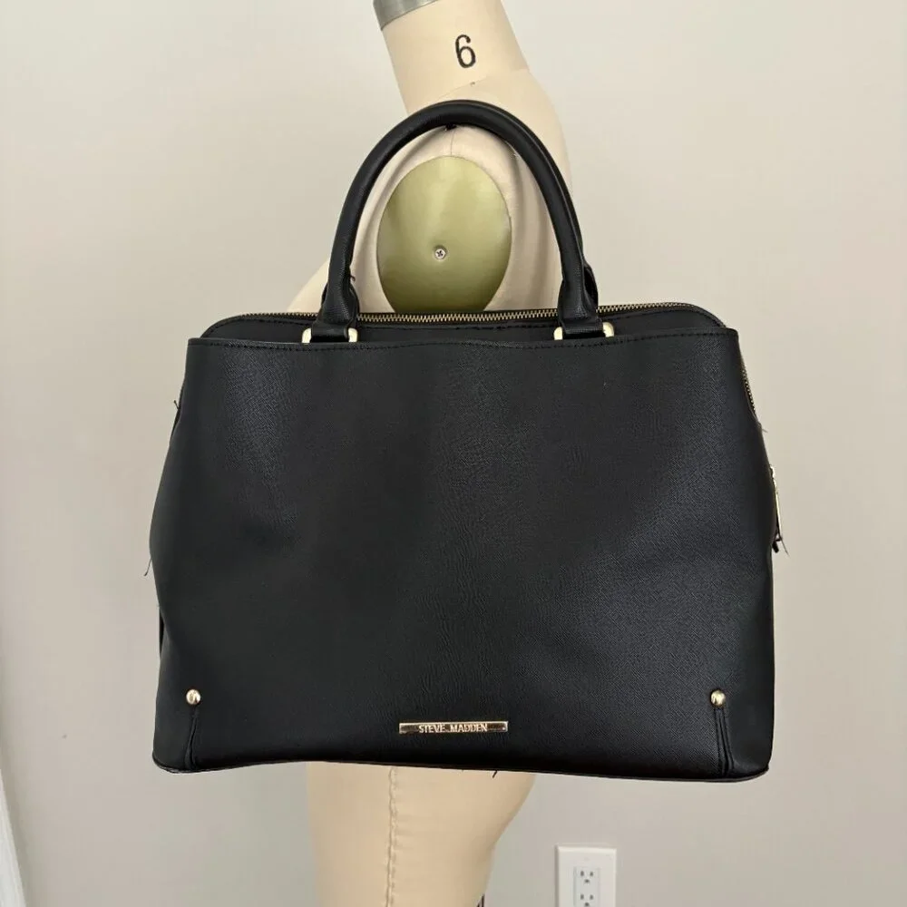 Steve Madden Black Satchel Front Flap Pocket Gold Tone Hardware Quiet Luxury
